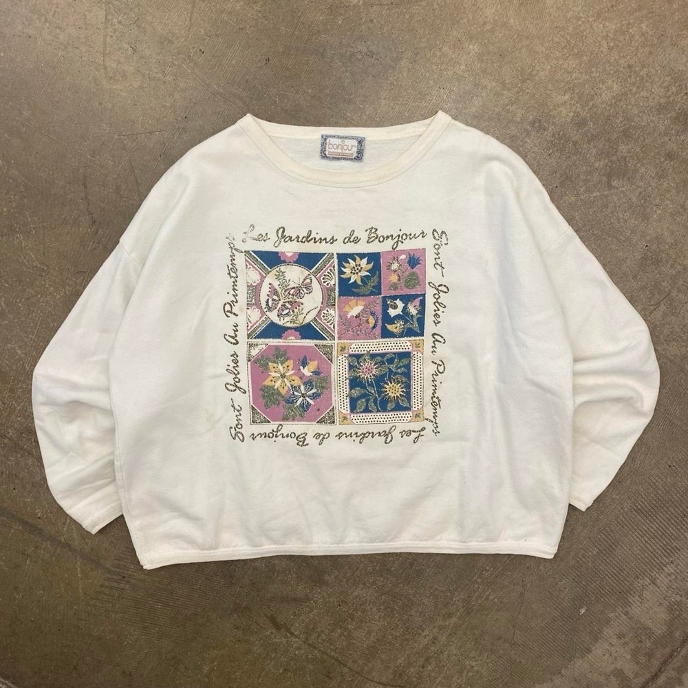 Vintage Bonjour 90 French France Floral Flowers Women's Sweatshirt Crewneck XL
